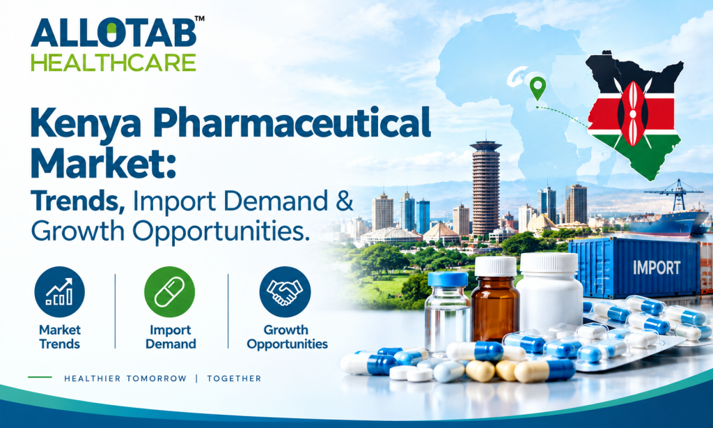 Kenya pharmaceutical market graphic featuring Nairobi skyline, Kenyan flag, imported medicines, and icons representing market trends, import demand, and growth opportunities.
