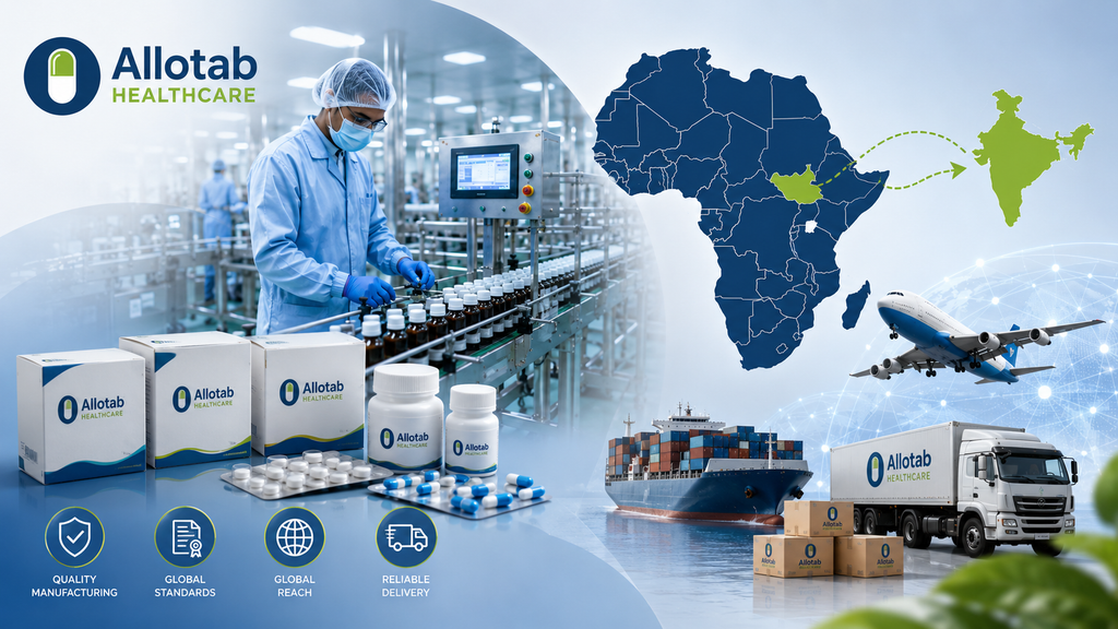 Allotab Healthcare pharmaceutical manufacturing facility with medicines, global export logistics, Africa and India healthcare supply