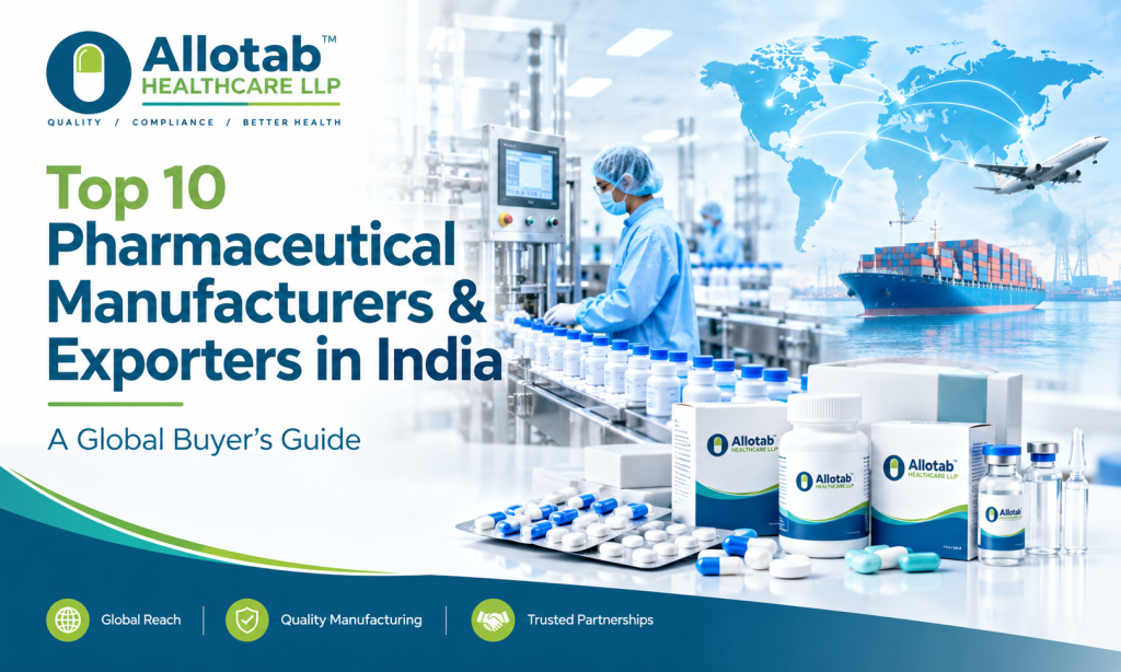 Allotab Healthcare LLP promotional banner featuring pharmaceutical manufacturing, medicine packaging, and global shipping, titled “Top 10 Pharmaceutical Manufacturers & Exporters in India: A Global Buyer’s Guide.